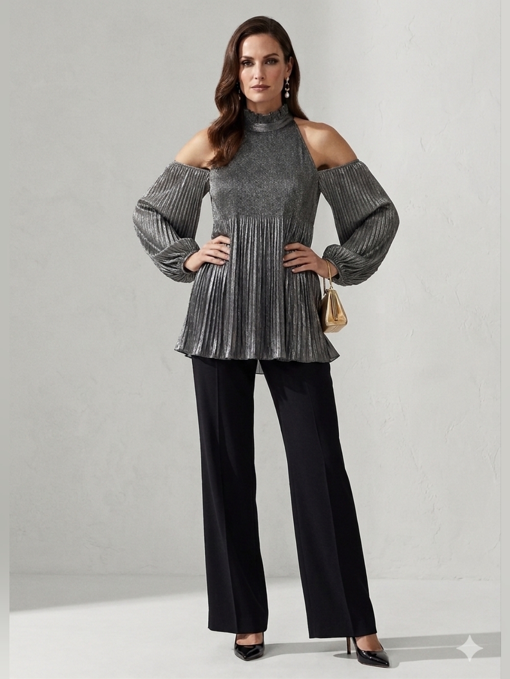 Ralph Lauren Black Metallic Cold Shoulder Blouse With Accordion Plisse Details